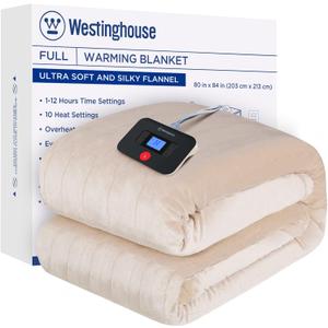 Westinghouse Electric Blanket Full Size, Super Cozy Soft Flannel 80"" x 84"" Heated Blanket with 10 Fast Heating Levels & 1-12 Auto-Off, Machine Washable, ETL&FCC Certification, Beige