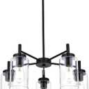 5-Light Contemporary Black Chandelier, Modern Industrial Dining Room Light Fixtures Over Table, Ceiling Hanging Kitchen Island Pendant Lighting Fixtures w/Clear Glass Shade for Entryway Foyer