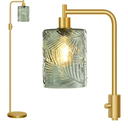 Upgraded Dimmable Glass Floor Lamp for Living Room, Modern Gold Standing Lamp with Green Feather Glass Lampshade & Knob Dimmer, Arc Tall Lamp for Bedroom Office Reading Room, 2700K Led Bulb Included