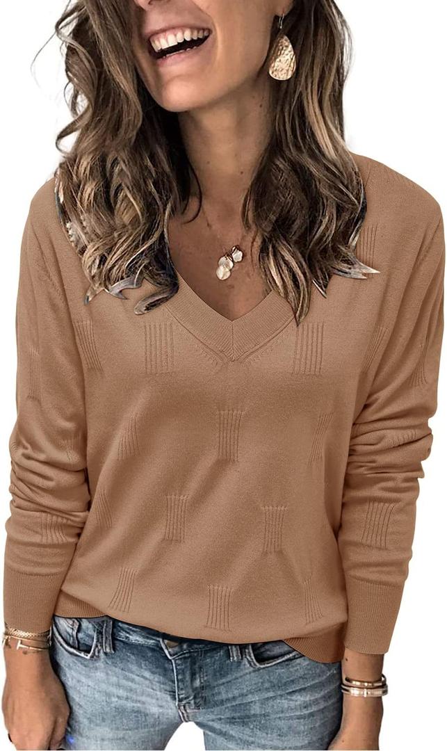Arach&Cloz Women's Soft V Neck Long Sleeve Fall Casual Regular Fit Sweater Tops (Large, Dark Apricot)
