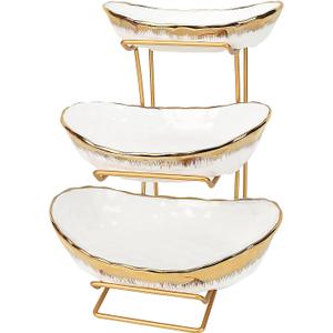 3 Tier Fruit Bowl for Kitchen Counter, Ceramic Fruit Bowl with Metal Stand, 3 Tier Fruit Basket for Vegetable Snacks Nuts Bread Candy Storage (White)