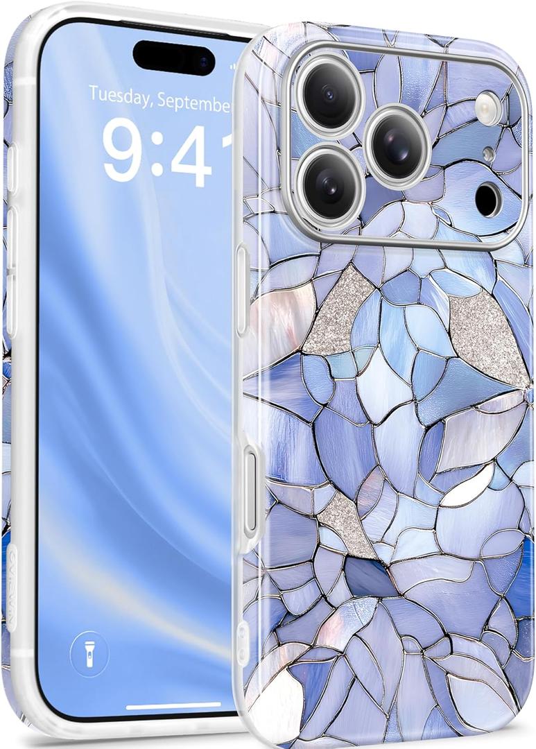 GVIEWIN for iPhone 17 Pro Case for Women, [Compatible with MagSafe] [Upgraded Full Camera Protection], Stylish Floral Shockproof Protective Phone Case for iPhone 17 Pro 6.3", Azurshard/Blue