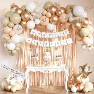 Beige Cream and Neutral Boho Birthday Party Decorations with Happy Birthday Banner, Beige Apricot Champagne Gold Balloons, Sash, Fringe Curtain, Cake Topper, Butterfly for Women Girls Party Supplies