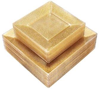 Liacere 100PCS Gold and Gold Square Plastic Plates-50PCS Dinner Plate and 50PCS Dessert Plate-Durable Fancy Disposable Plates for Party & Graduation