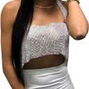 Women Sexy Sparkly Rhinestone Rave Crop Tops Sleeveless Tank Top Shirt Body Jewelry for Club Festival Dance (Halter Silver)