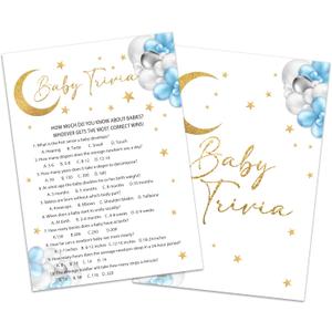 Baby Trivia Game Cards, Moon and Stars Baby Shower Games Card, Over The Moon Gender Reveal Games Set, 25 Twinkle Star Game Cards & 1 Answer Key for Baby Shower Party, 02