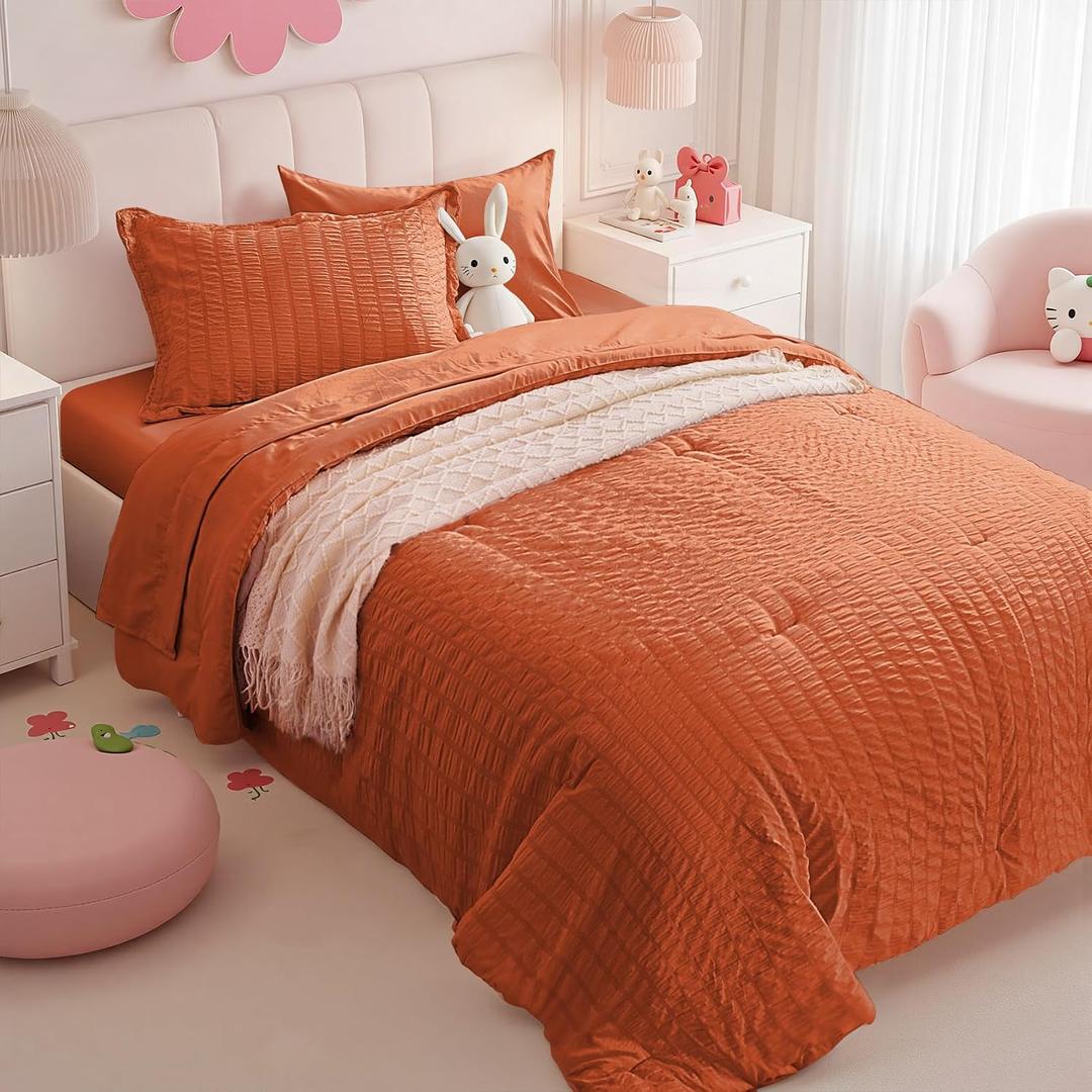 Zzlpp Twin Comforter Set 5 Pieces, Burnt Orange Seersucker Bed in a Bag with Comforter and Sheets, Lightweight Bedding Sets with 1 Comforter, 1 Pillow Sham, 1 Pillowcase, 1 Flat Sheet, 1 Fitted Sheet Burnt Orange, Twin