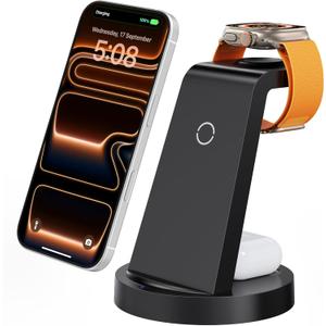 Anlmz 3 in 1 Charging Station for iPhone, Wireless Charger for iPhone 17 16e 16 15 14 13 12 11 X Pro Max & Apple Watch - Wireless Charging Station for AirPods 4 3 Pro (Black)