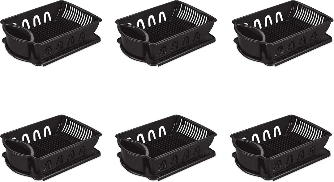 Sterilite Large 2 Piece Sink Set, with Drainboard for Drying, Holds Clean Dishes in the Kitchen such as Plates, Cups, and Silverware, Black, 6-Pack