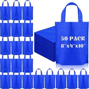 Windyun 50 Pcs Small Non Woven Gift Bags with Handles, 8 x 4 x 10 Inch Reusable Foldable Treat Tote Bag for Party Favor (Blue)