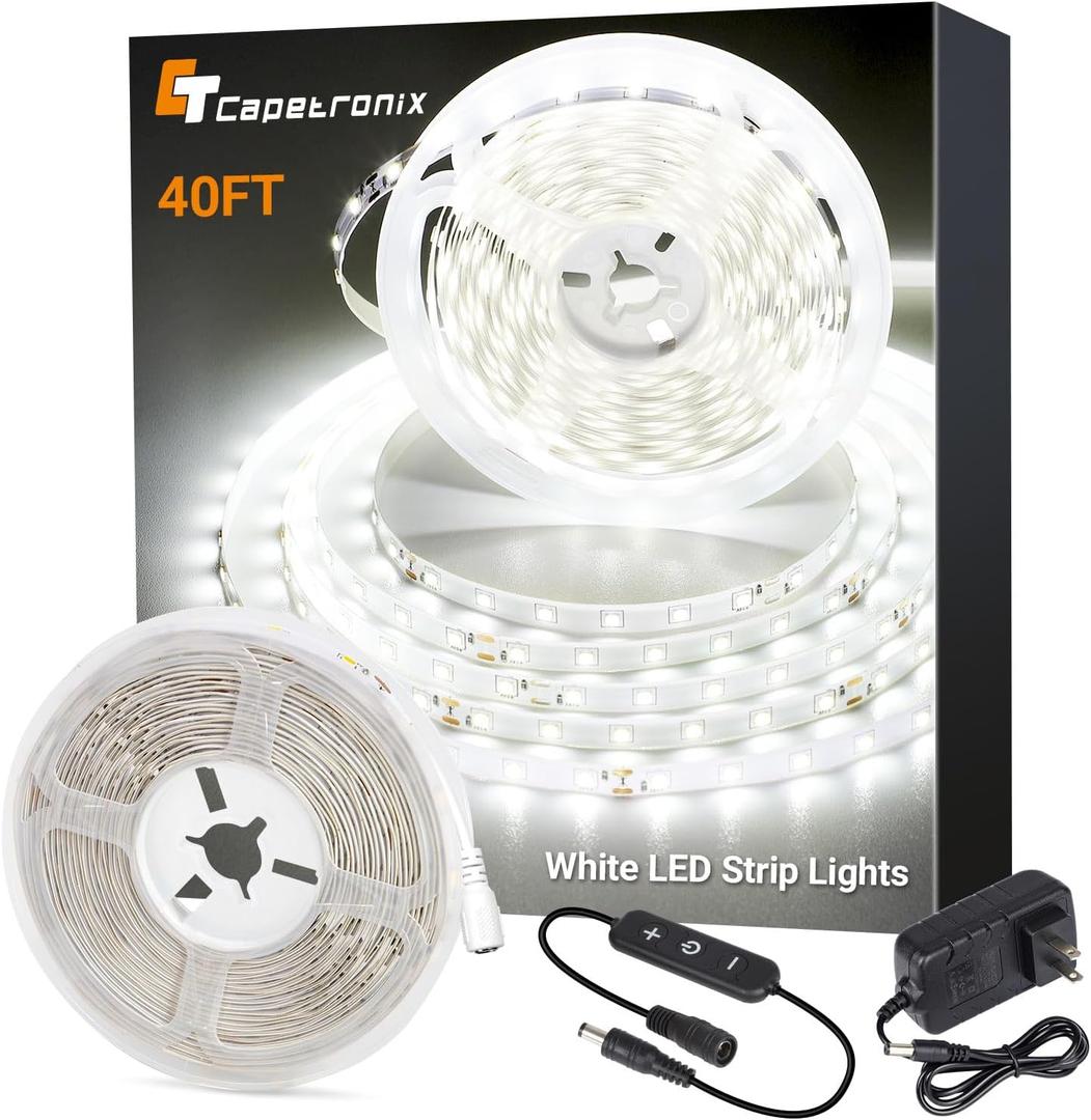 CT CAPETRONIX White LED Strip Light, 40 Feet 24 Volt LED Light Strip White, 6000K-6500K Daylight Super Bright LED Tape Light for Bedroom, Kitchen, Closet, Cabinet, Mirror, Indoor（Dimmer Included）