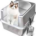 Stainless Steel Litter Box with Metal Lid and Scoop - Enclosed Metal Litter Box for Large Cats, Rust-Resistant, Odor-Control, Easy to Clean, Durable & Long-Lasting with Round Edge (L)