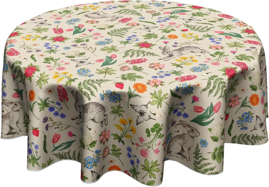 Giwawa Spring Easter Round Tablecloth 60 Inch Rabbit Bunny Flower Sage Green Leaves Vintage Botanical Plants Easter Themed Print Table Cloth for Holiday Kitchen Party Dinner Decoration