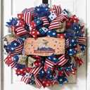 250th Anniversary Patriotic Wreath, 4th of July Wreaths for Front Door with Wooden Eagle Door Sign & Red White Blue Ribbon for Independence Day Memorial Day Patriotic Decorations(18In, 1Pcs)