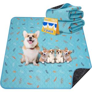 Sunheir Washable Pee Pads for Dogs 2-Pack Reusable Puppy Pet Training Pads, Waterproof Dog Crate, Whelping Pad, Non-Slip Protects Against Urine Leakage (Leaves - Sky Blue, 36x41) F-U1