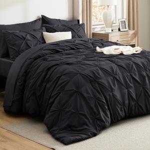 Bedsure Queen Comforter Set Black - Bed in a Bag Queen Size 7 Pieces, GentleSoft Pintuck Bed Set Gift for Family, Pinch Pleat Black Comforter with Sheets, Pillowcases & Shams 