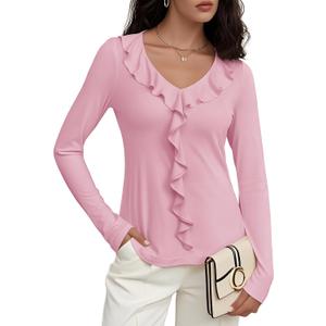 Women's Long Sleeve Shirts Dressy Casual V Neck Ruffle Knit Tunic Tops 2025 Fall Trendy Work Blouse (Pink, XS)