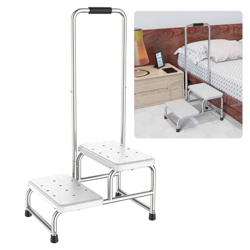 2-Step Stool with Handle for Elderly, YuanDe Heavy Duty Bed Steps for High Beds with Adjustable Handrail & Non-Skid Platform, Foot Step Stool for Adults, Ideal for Bedside, Bathroom, Kitchen, and RV