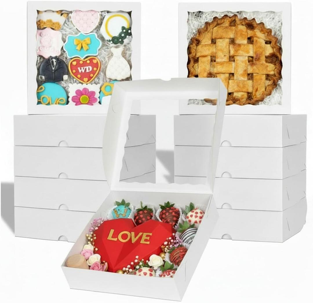 TEMLQPACK 36pcs 10x10x2.5 Inches White Bakery Boxes with Window, Pie, Cookies, Chocolate Covered Strawberries, Breakable Heart, Charcuterie Boxes for Christmas