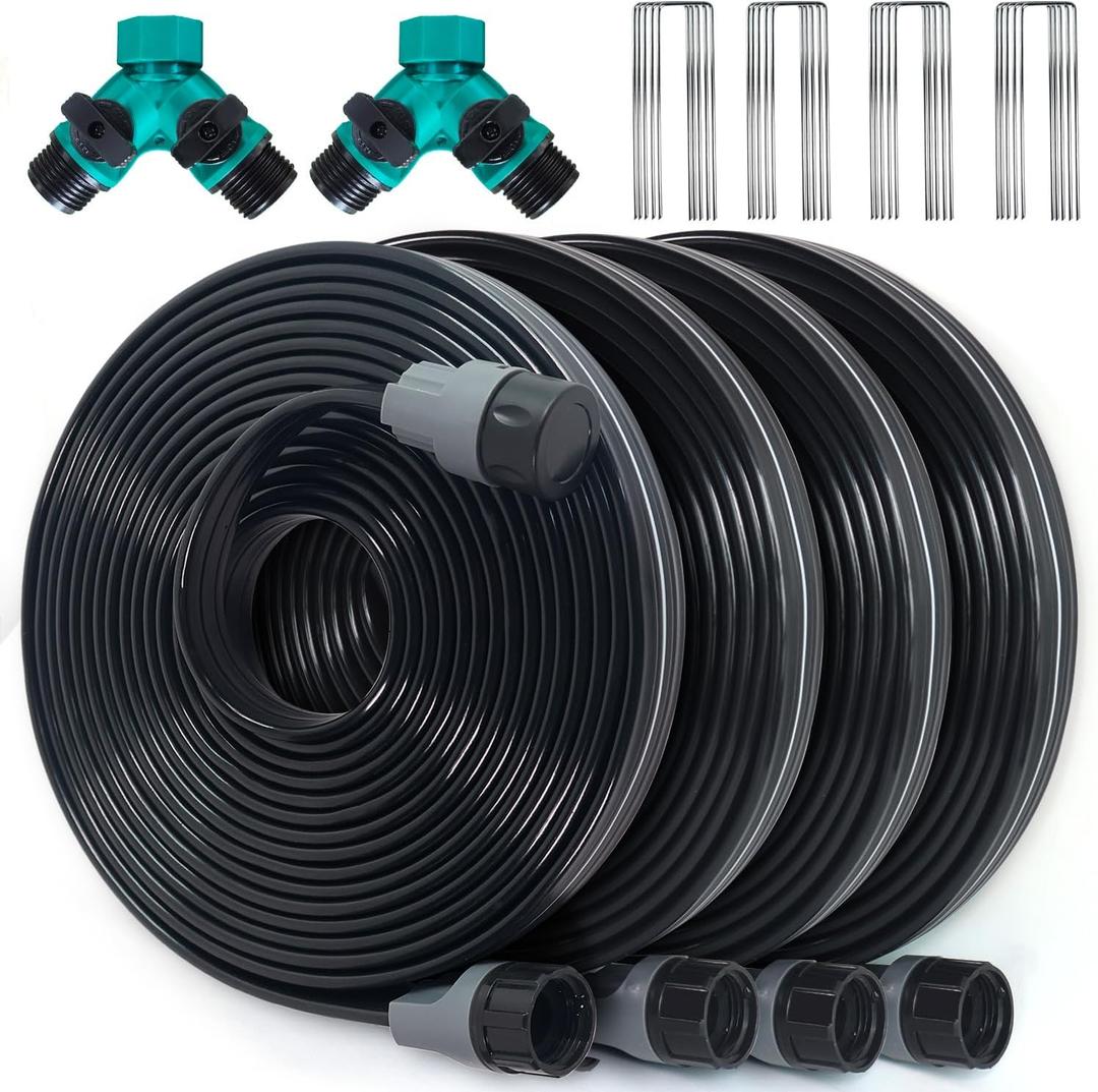 Sprinkler Hose with Holes, Flat Soaker Hose 100 Ft (25 ft 4pack) with Garden Staples and Splitters, Watering Drip Irrigation Hoses for Lawn, Vegetable and Garden Beds (100 ft) (Black)