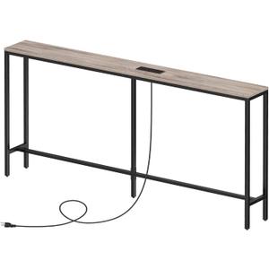 Skinny Console Table with Power Outlets, 63" Narrow Sofa Table, Behind Couch Table with Charging Station, Sofa Hallway Table for Plants, Living Room CTHG165E01 (Greige + Black)