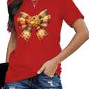 Thanksgiving Shirt for Women Fall Pumpkin Bow T-Shirt Funny Thankful Blessed Tee Tops, Size Large