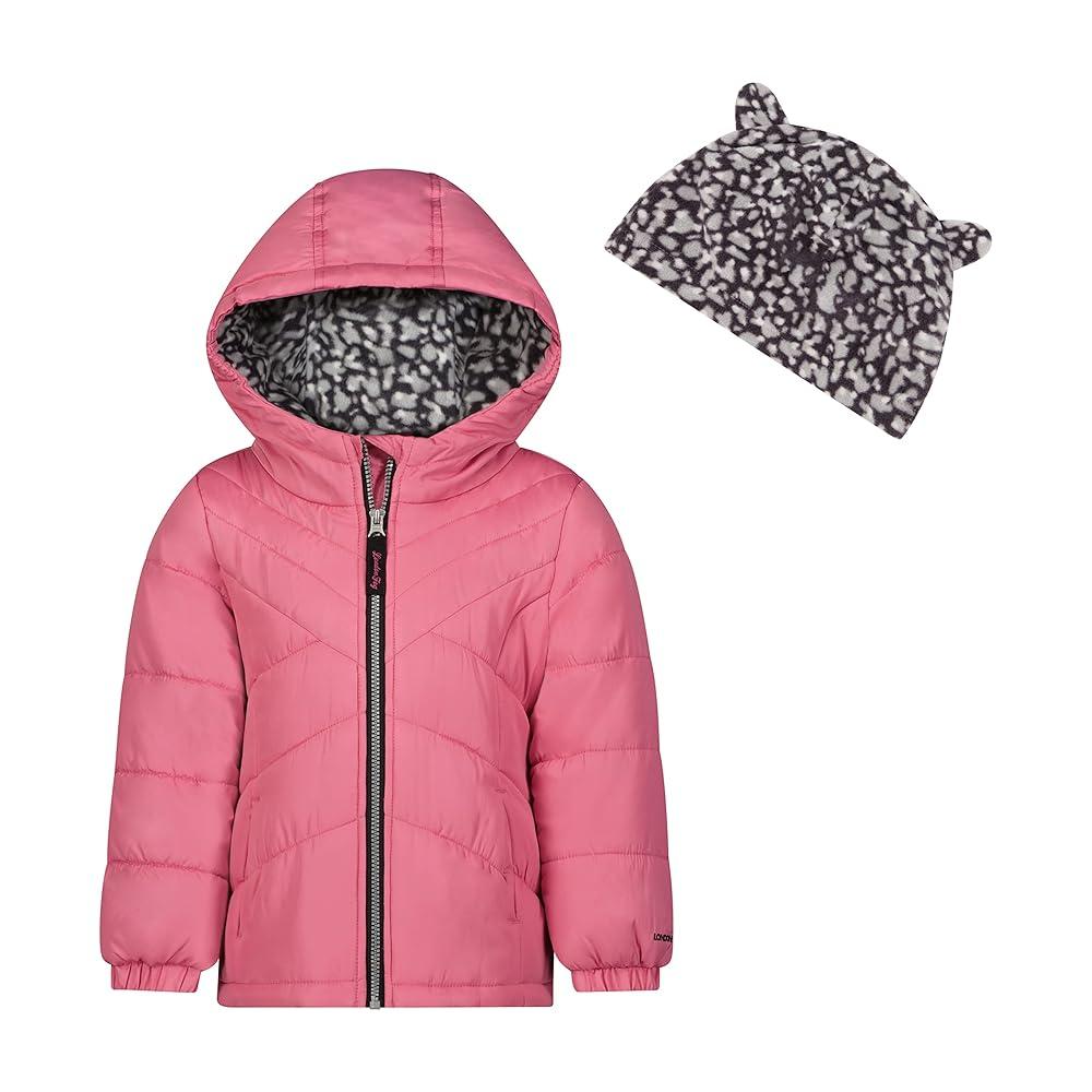 London Fog Girls Heavyweight Fleece Lined Puffer Jacket with Hat (X-Small, Neon Pink)