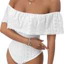 MakeMeChic Women's Off Shoulder Ruffle Trim Bodysuit Eyelet Embroidered Strapless Tube Top Summer Sexy Leotard Outfits, XS