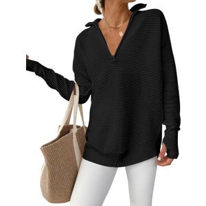 ANRABESS Women's Long Sleeve Quarter Zip Pullover Sweater Casual Loose V Neck Collared Ribbed Knit Jumper Tops Thumb Hole (Large, Black)