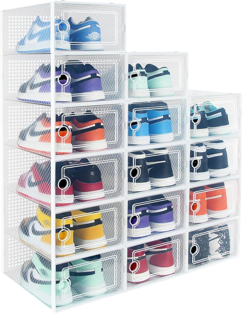 Hrrsaki Stackable Clear Shoe Storage Boxes - 15 Pack Foldable Organizers for Closet and Entryway, White (15 Count Fit Size 9)