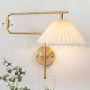 Gold Swing Arm Wall Sconce Set of 2, Plug in Wall Sconces with White Pleated Fabric Shade, Hardwired Wall Light Fixtures with Dimmable Switch for Bedroom Bedside, Living Room, House Reading