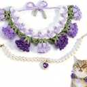 2Pack Knitted Cat Collar, Purple Knit Bib + Pearl Necklace