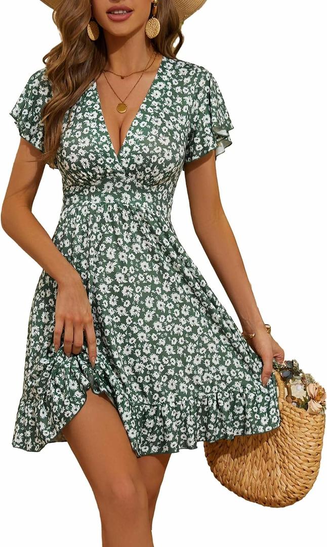 2 x TORARY Womens Summer Dresses 2026 Floral Cap Sleeve Wrap V Neck Ruffle A-Line Sun Dress (Green, L)