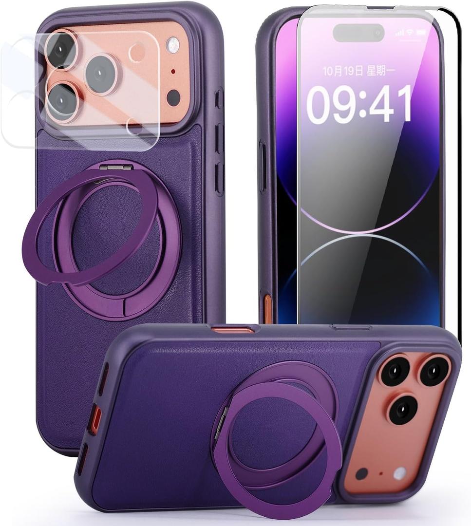 Case for iPhone 17 360 Rotating Stand, Upgraded PU Leather Military-Grade Shock-Resistant Full-Coverage Case with Rotating Stand-Purple