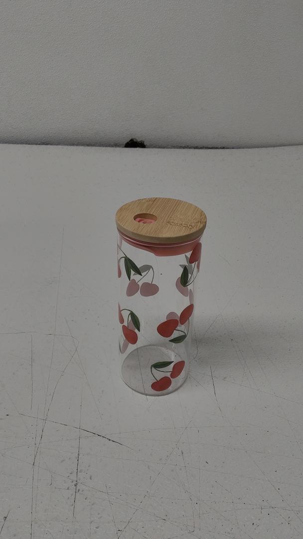 Creative Brands Bella Mon Cheri Red Cherry Pattern 20 ounce Glass Bamboo Drinking Smoothing Travel Tumbler with Straw