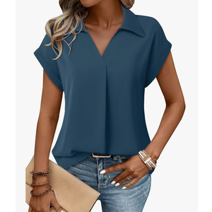 Gaharu Women's Summer Work Blouse V Neck Short Sleeve Lapel Shirt Top Tunic Navy Blue XL