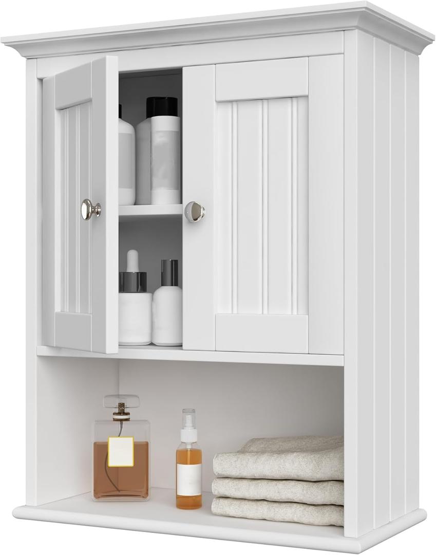 Treocho Wood Wall Cabinet, Bathroom Medicine Cabinet Storage with Doors and Adjustable Shelf, Rustic Cabinet Wall Mounted for Bathroom, Livingroom, Kitchen, Cupboard, White, 18.9 x 9.25 x 23.43 inches