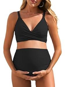 Summer Mae Maternity Bikini Swimsuit Color Block Two Piece Criss Cross V Neck Bathing Suit High Waist Pregnancy Swimwear Black 12