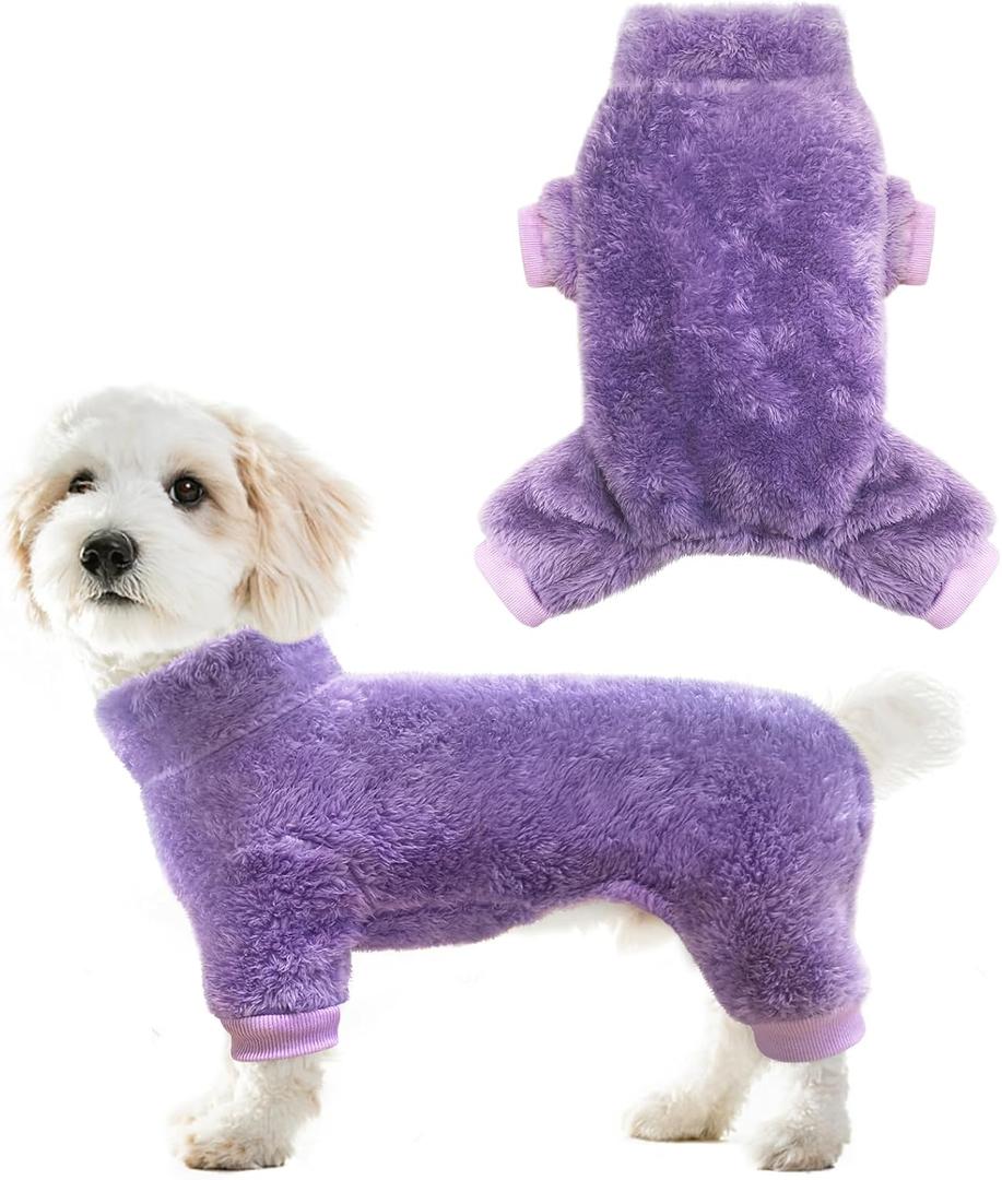 Idepet Fuzzy Velvet Dog Pajamas, Plush Dog Sweater Onesie Soft Pet Clothes Winter Outfit Doggy Pjs Puppy Jumpsuit, Cat Coat (Small, Purple)