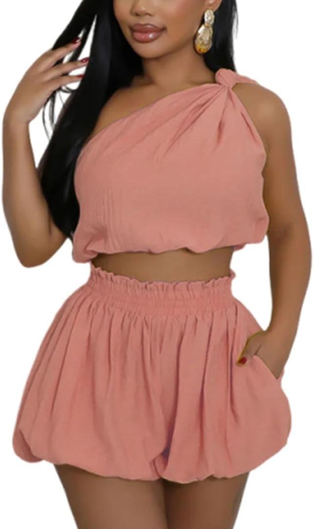knowfashionstyle Womens 2 Piece Outfits Summer Short Sets Matching Off Shoulder Top Waist Shorts With Pocket Casual Outfits