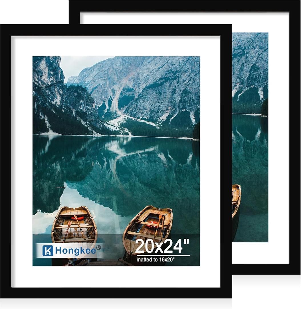 Hongkee 20x24 Frame Set of 2, Black Wood Style - Display 16x20 Picture with Mat or 20 x 24 Poster without Mat, Wall Mounting Horizontal and Vertical