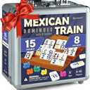 Queensell Mexican Train Dominoes Set Double 15 with Numbers - Dominoes Set for Adults and Family  136 Tiles, 9 Trains, Wooden Hub, 8 Tile Holders, Aluminum Case (D15 Numbers + 8 Holders)