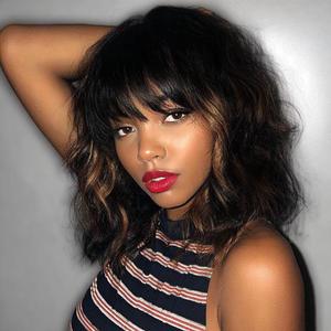 Black Wigs for Women Short Bob Wig with Bangs 14 Inch Black Mixed Brown Highlights Wigs Short Wavy Wigs Curly Shoulder Length Wigs Synthetic Hair Replacement Wigs for Holiday Daily Party Use