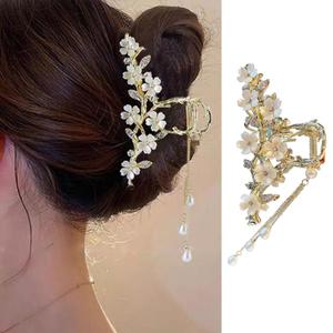 Jasmine Flower Claw Clips for Women Metal Non-Slip Claw Clip With Rhinestones Pearl Tassel Design Floral Hair Clips Cute Claw Clips for Thick Hair Claw Clips Flower for Women