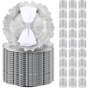 100 Sets Silver Reef Charger Plates Bulk with Napkin Rings Include 13" Round Chargers for Dinner Plates and Mesh Diamonds Napkin Rings for Table Setting, Wedding Party