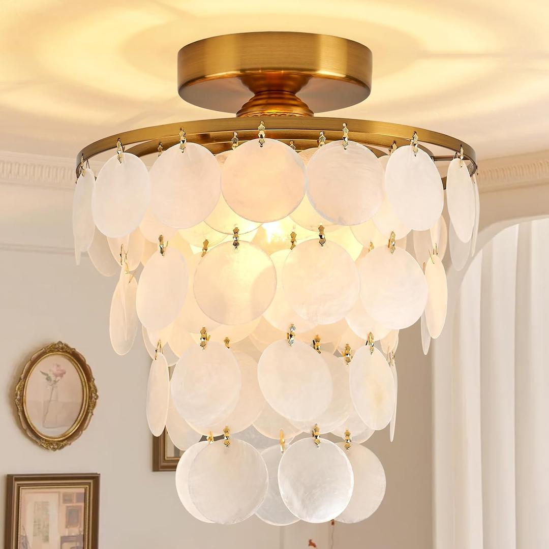 11.8" Capiz Shell Chandelier for Bedroom Ceiling Light Fixture with 4 Tier Shell Modern Gold Semi Flush Mount Ceiling Lights Chandeliers for Entryway,(More Additional Shell Parts Included) Gold
