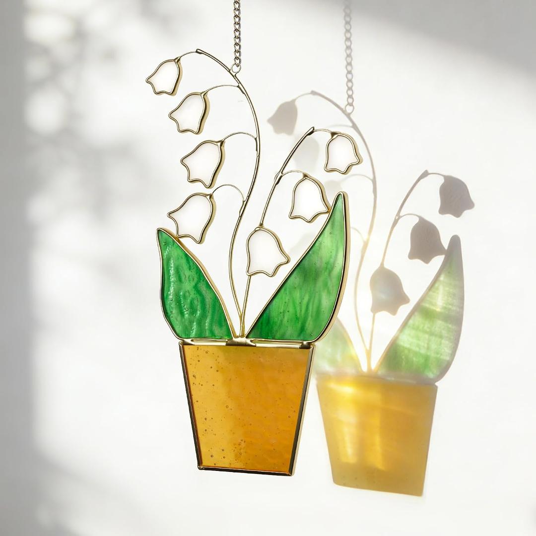 2 x Lily of the Valley Suncatcher - May Birth Flower Gold Edged Stained Glass, 8 Inch Real Glass Window Hanging, Thoughtful Memorial, Grandma & Plant Lover Gift for Mother‘s Day, Wedding, Housewarming