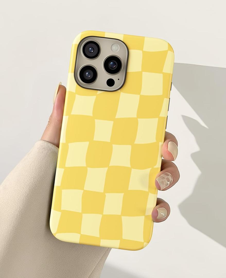 for iPhone 11 Case 6.1 Inch, 2-in-1 Trendy Checkered Aesthetic Cute Girly Design for Women & Girls, Checkerboard Pattern Phone Case, Slim Fit Silicone Protective Cover, Yellow