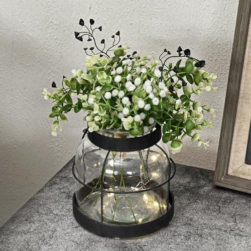 Farmhouse Lantern Vase Vintage Glass Flower Vases with Plants Babysbreath Lights Rustic Floral Arrangement Centerpieces Home Decor Hostess Housewarming Gift（Black）