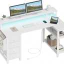Lufeiya L Shaped Desk with Led Lights and Power Outlets, 47 Inch Writing Study Computer Gaming Desks with Fabric Drawers for Bedroom, Home Office Corner Desk with Monitor Stand Shelves, White, 47.2"